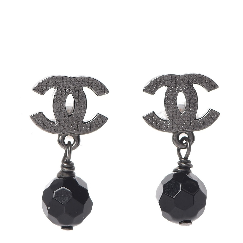 CHANEL Ruthenium Bead CC Drop Earrings in Black
